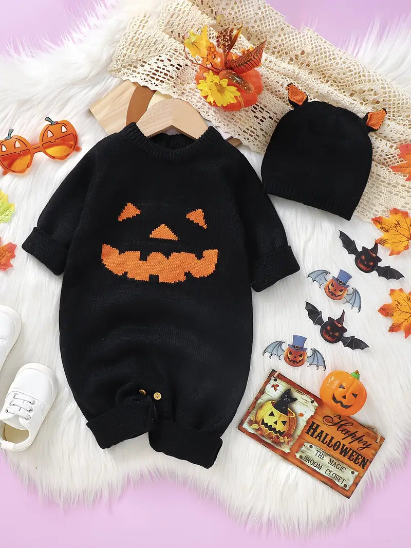 Adorable Halloween Baby Long Sleeve Pumpkin Graphic Knitted Bodysuit & Hat Set