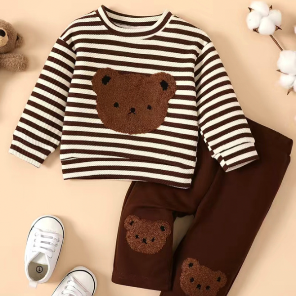 Cute Bear Embroidery Stripe 2-Piece Outfit for Baby Boys