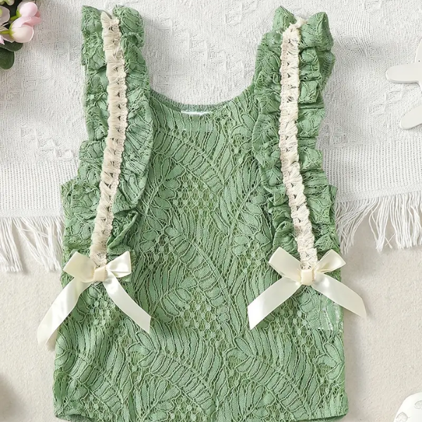 Green Toddler's Lace Bow Niche Bow Romper Sweet Baby Girls Set