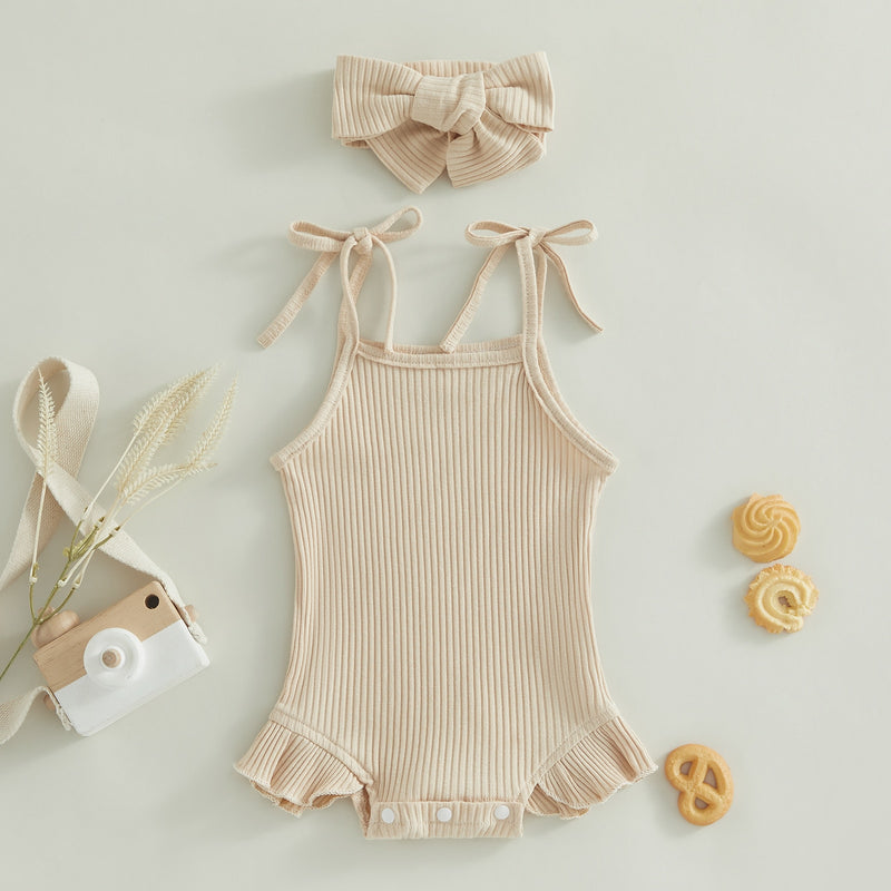 Infant Girls Sleeveless Solid Color Ribbed Ruffles Romper