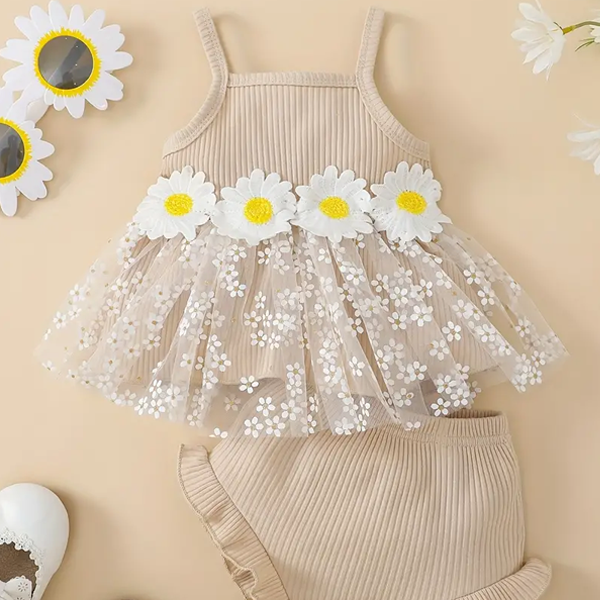 Baby Girls Cute Floral Embroidery Mesh Camisole Top & Shorts Set