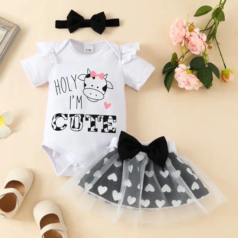 Adorable Baby Girl Cow Print Baby Girl Outfit - 3 Piece Set with Skirt and Headband