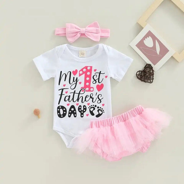 My First Fathers Day! Baby girls 3 pc set Outfits Short Sleeve Letter Print Romper Top + Tulle Short & headband