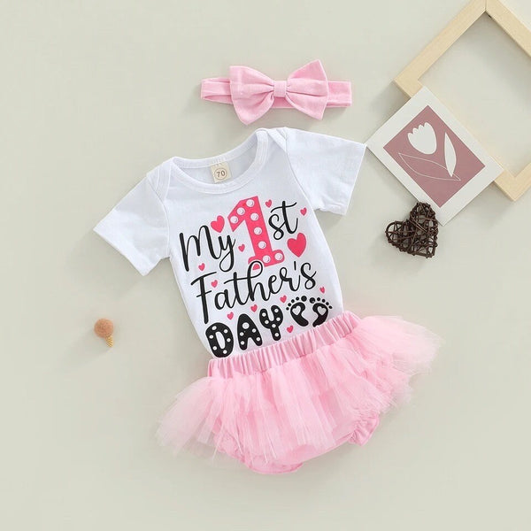 My First Fathers Day! Baby girls 3 pc set Outfits Short Sleeve Letter Print Romper Top + Tulle Short & headband